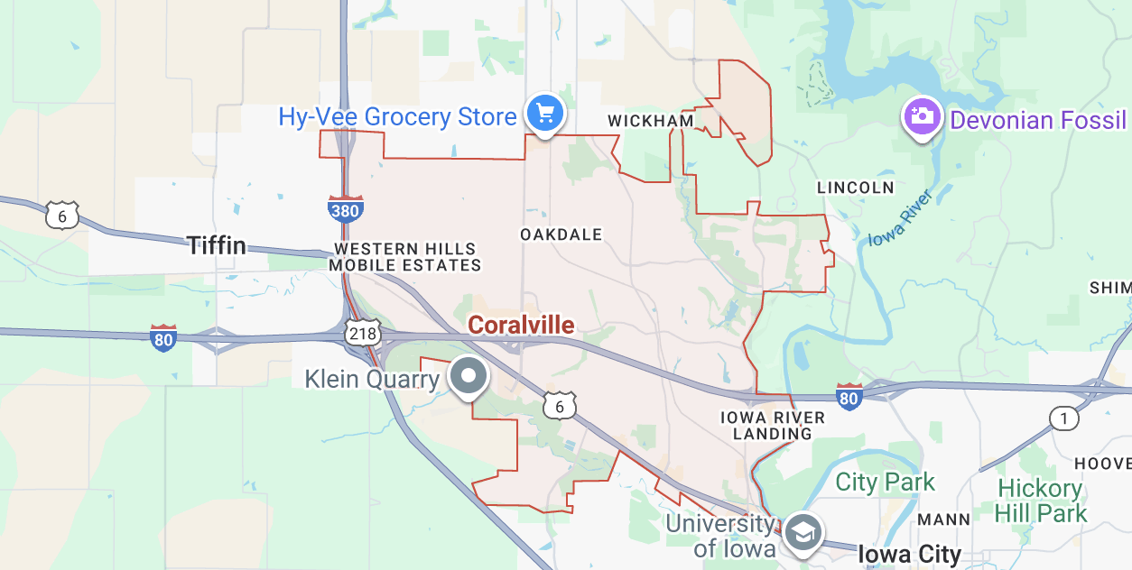 Map showing dump trailer service area covering all of Coralville, Iowa